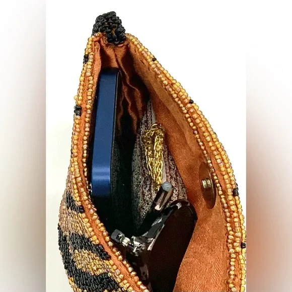 Vintage Tiger Striped Glass Beaded Crossbody Purse Dance Club Party Cocktail Bag - Picture 7 of 15